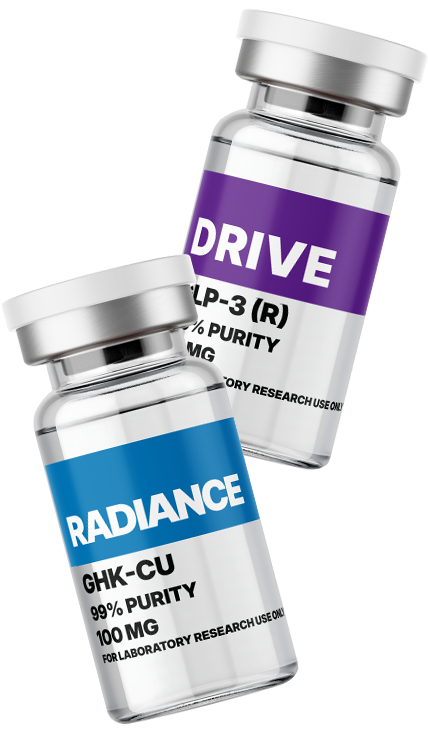 Amino Pharm lab vials containing DRIVE and RADIANCE supplements for muscle support and immune health, with high purity and quality.