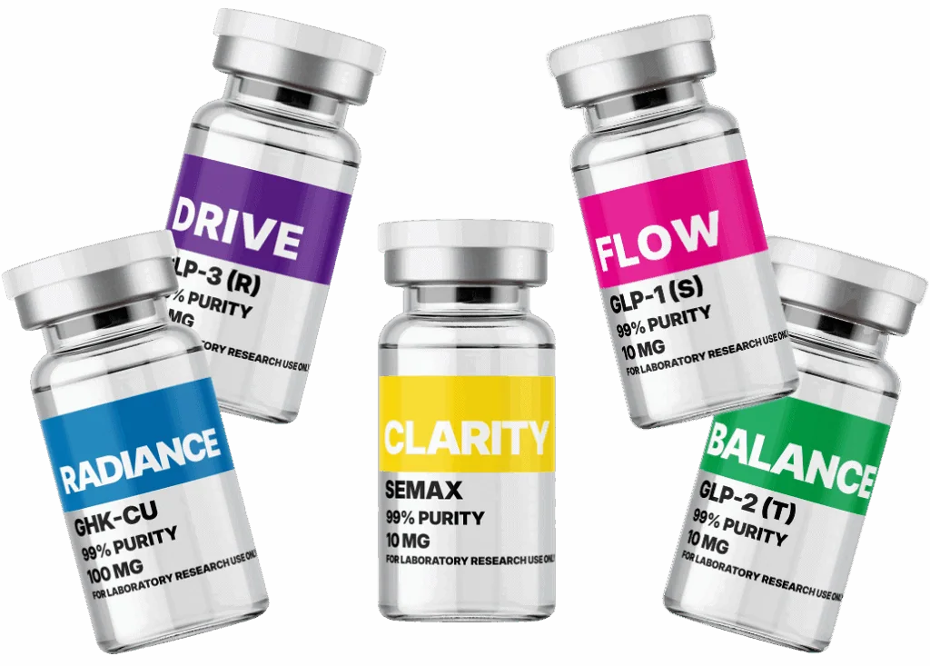 Vials of laboratory research amino acid supplements labeled Drive, Flow, Radiance, Clarity, and Balance with vibrant color-coded labels for wellness and health optimization.